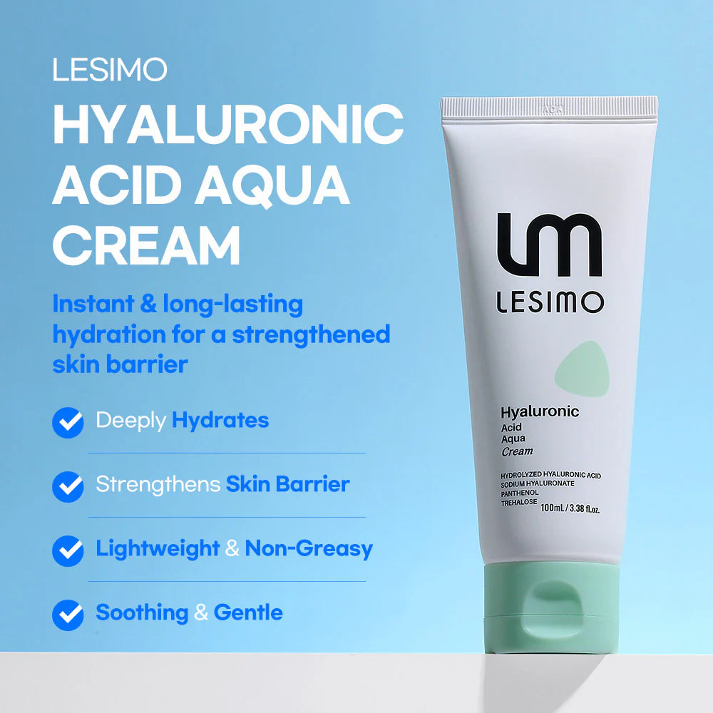 Lesimo Hyaluronsäure-Aqua-Creme, Tiefenhydratation, Stärkung der Hautbarriere, leichte Feuchtigkeitscreme / vegan und tierversuchsfrei, 100 ml