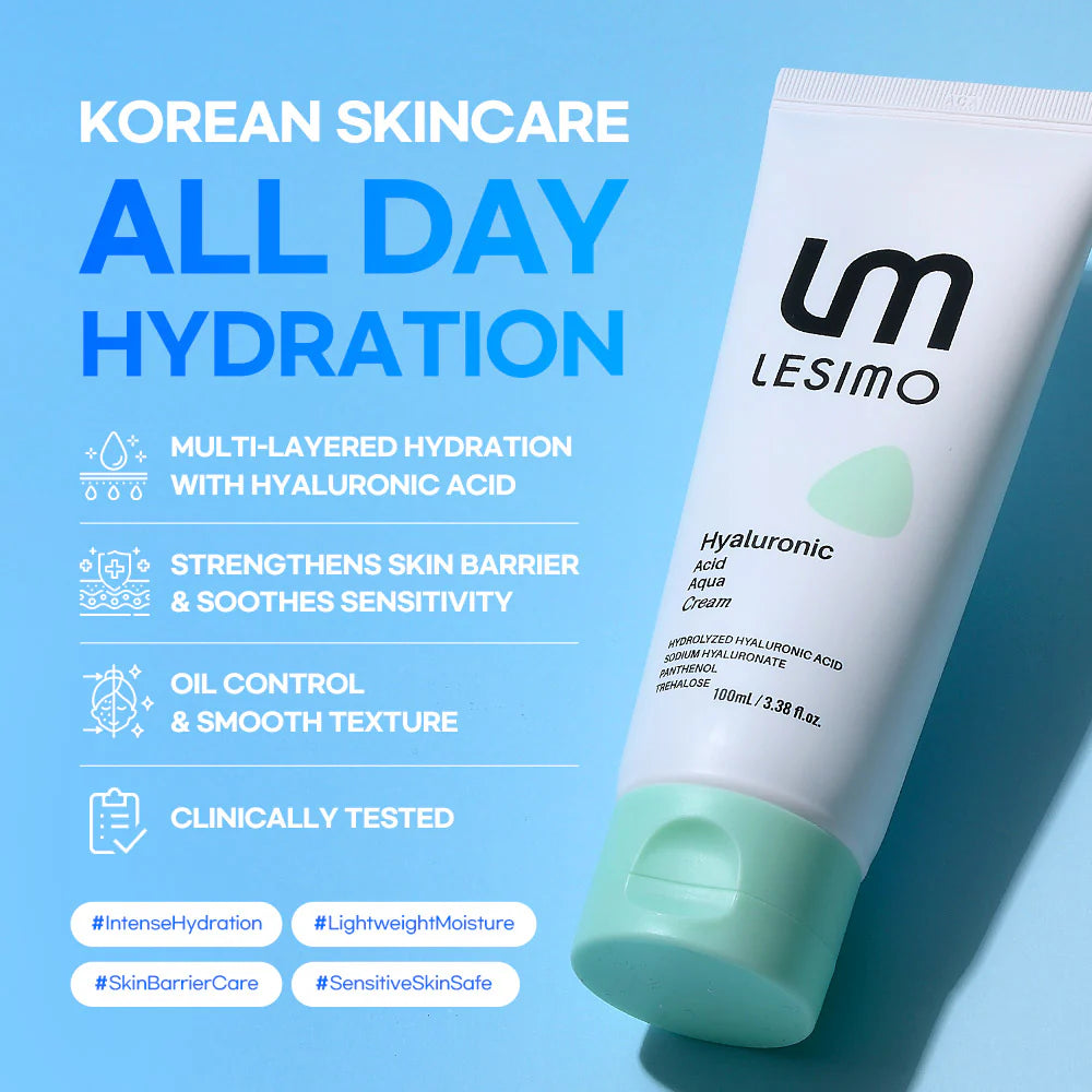 Lesimo Hyaluronsäure-Aqua-Creme, Tiefenhydratation, Stärkung der Hautbarriere, leichte Feuchtigkeitscreme / vegan und tierversuchsfrei, 100 ml