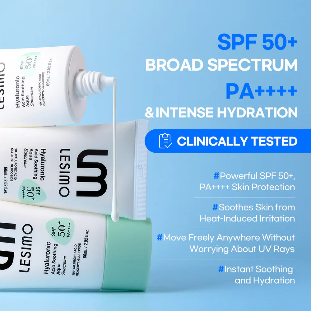 Vegan Lesimo Hyaluronsäure Beruhigende Aqua-Sonnencreme (LSF 50+, PA++++), Sonnencreme für den täglichen Gebrauch, UV-A- und UV-B-Schutz, unsichtbare koreanische Sonnencreme für das Gesicht ohne weißen Film, 60 ml