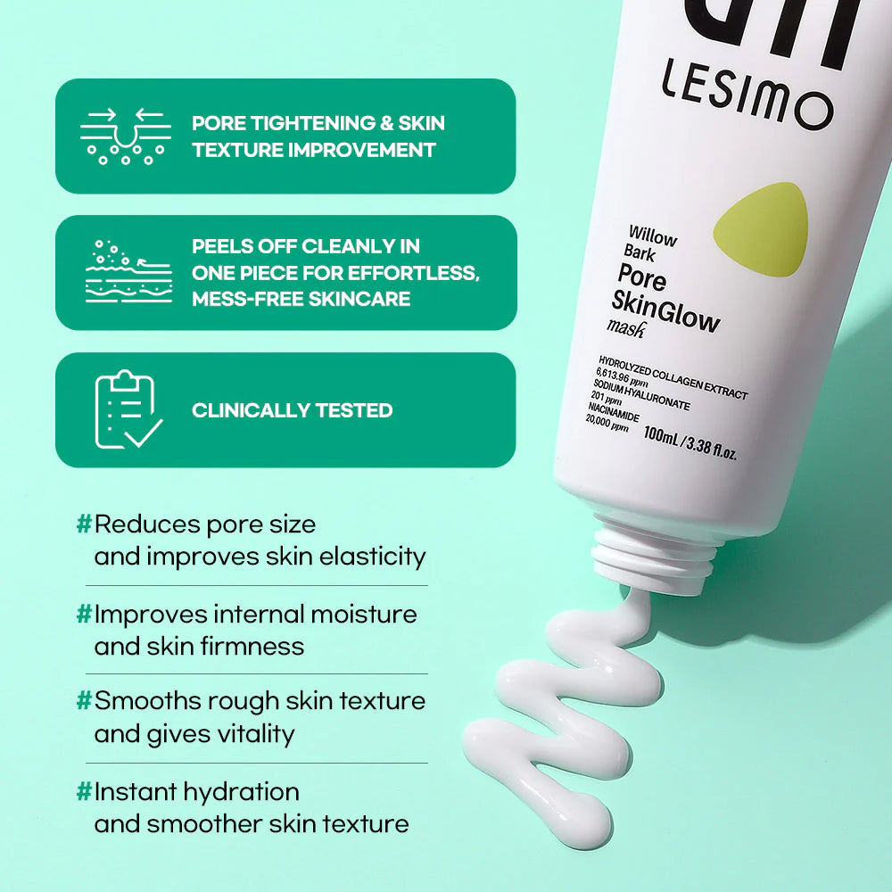 Lesimo Weidenrinden-Poren-SkinGlow-Maske, Hydrolysierte Kollagen-WVegan ickelmaske, Peel-off-Maske, Porenlifting und -minimierung, koreanische Hautpflege, 100 ml
