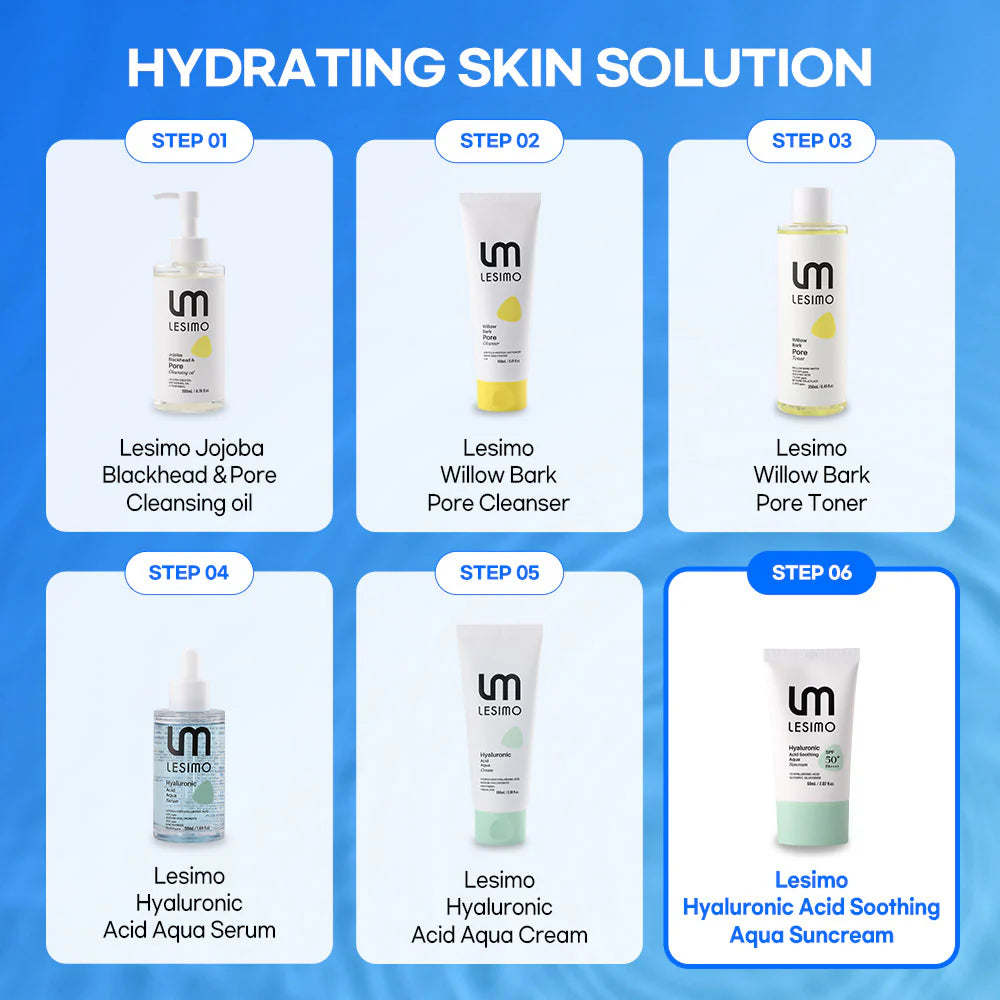 Vegan Lesimo Hyaluronsäure Beruhigende Aqua-Sonnencreme (LSF 50+, PA++++), Sonnencreme für den täglichen Gebrauch, UV-A- und UV-B-Schutz, unsichtbare koreanische Sonnencreme für das Gesicht ohne weißen Film, 60 ml