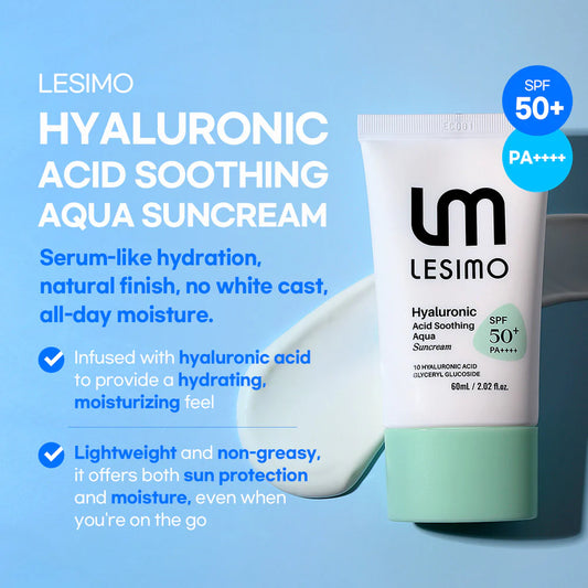 Vegan Lesimo Hyaluronsäure Beruhigende Aqua-Sonnencreme (LSF 50+, PA++++), Sonnencreme für den täglichen Gebrauch, UV-A- und UV-B-Schutz, unsichtbare koreanische Sonnencreme für das Gesicht ohne weißen Film, 60 ml