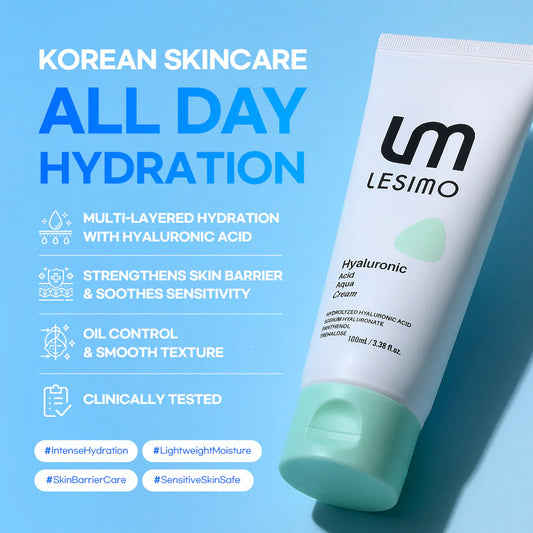 Lesimo Hyaluronsäure-Aqua-Creme, Tiefenhydratation, Stärkung der Hautbarriere, leichte Feuchtigkeitscreme / vegan und tierversuchsfrei, 100 ml