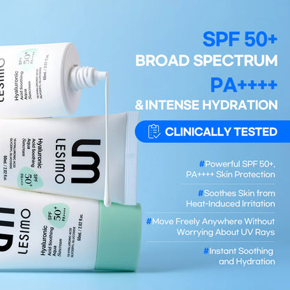 Vegan Lesimo Hyaluronsäure Beruhigende Aqua-Sonnencreme (LSF 50+, PA++++), Sonnencreme für den täglichen Gebrauch, UV-A- und UV-B-Schutz, unsichtbare koreanische Sonnencreme für das Gesicht ohne weißen Film, 60 ml