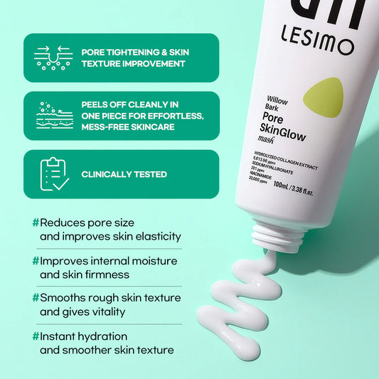 Lesimo Weidenrinden-Poren-SkinGlow-Maske, Hydrolysierte Kollagen-WVegan ickelmaske, Peel-off-Maske, Porenlifting und -minimierung, koreanische Hautpflege, 100 ml